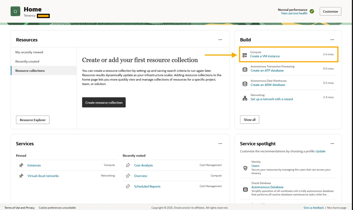 Pantalla de inicio de Oracle Cloud con el acceso Create a VM instance