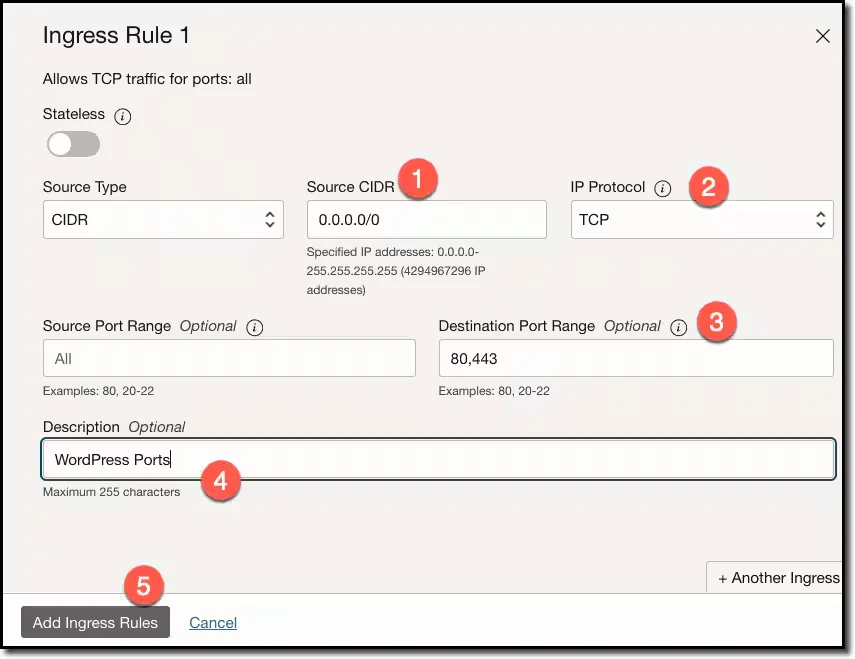 Formulario Add Ingress Rules con Source CIDR 0.0.0.0/0, protocolo TCP y puertos 80 y 443