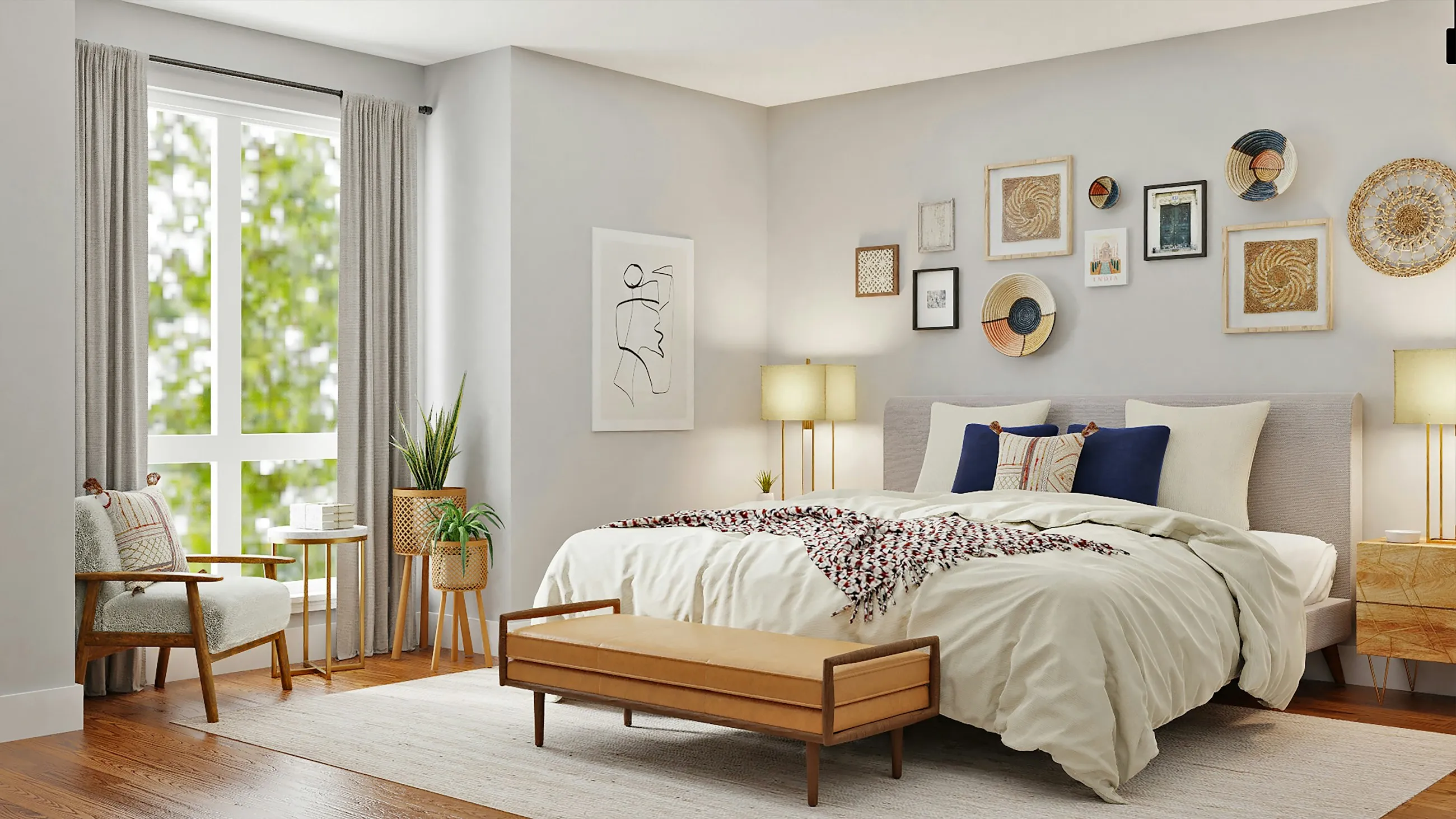 Dormitorio luminoso con ventanal y ropa de cama clara