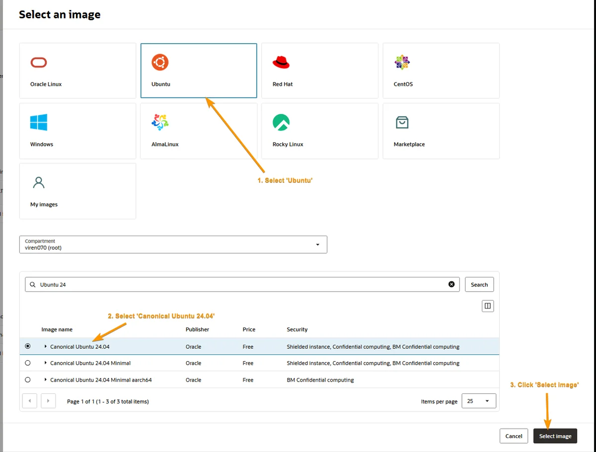 Selector de imagen de Oracle Cloud con Ubuntu 24.04 y la opción aarch64