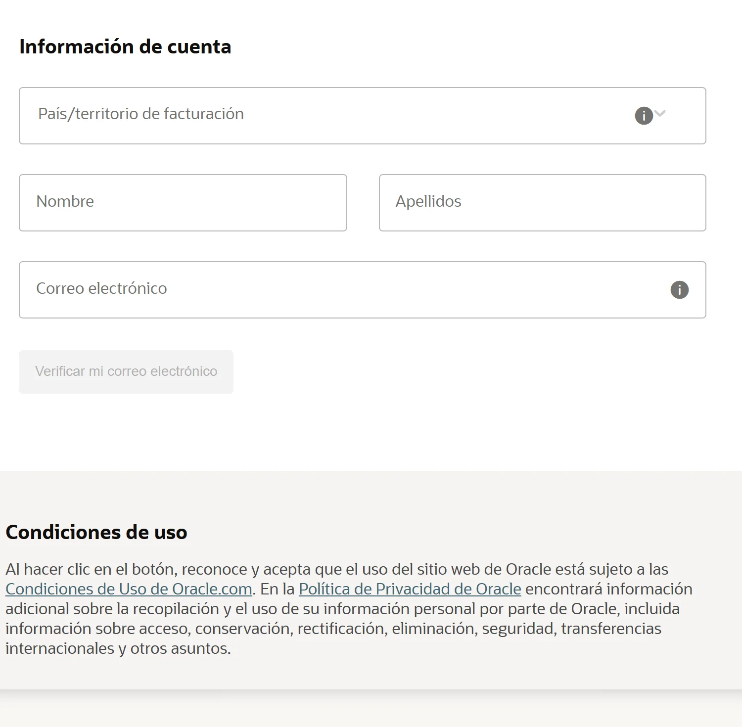 Formulario de registro de Oracle Cloud con los campos de país, nombre, apellidos y correo electrónico
