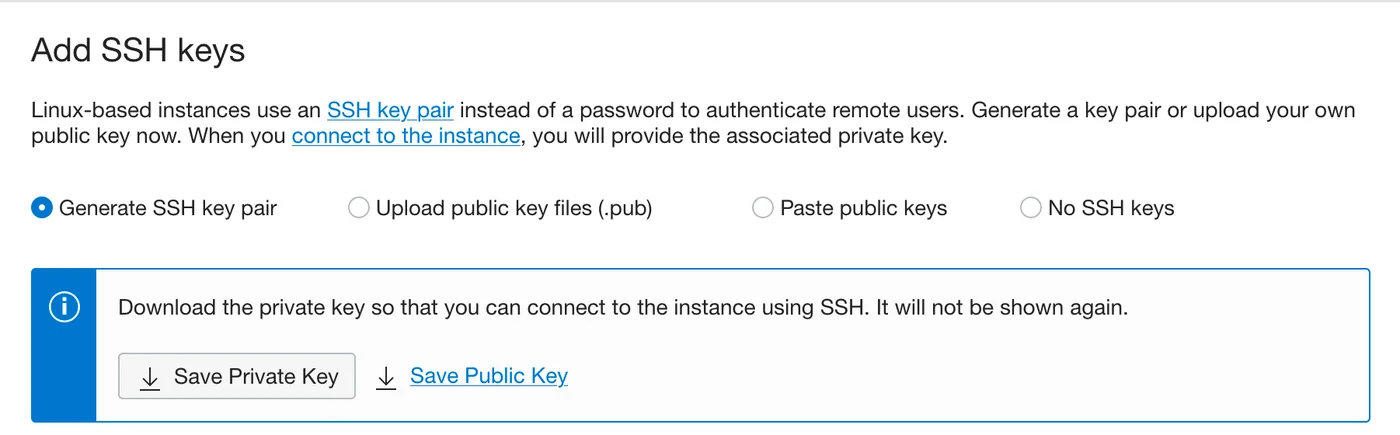 Sección Add SSH keys con la opción de generar un par de claves y descargar la clave privada