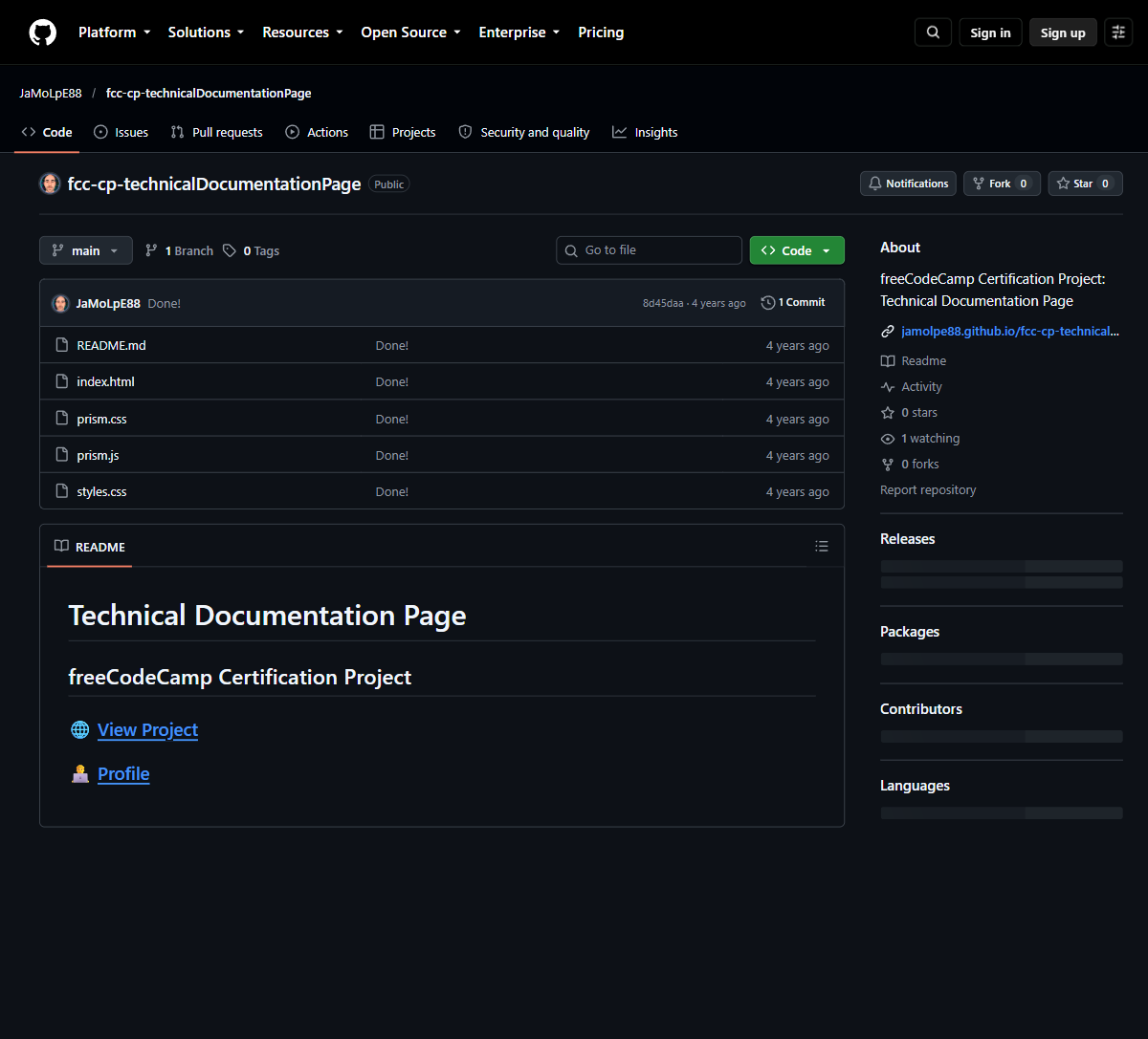 Página del repositorio en GitHub con la rama main, el historial de un commit y los archivos README.md, index.html, prism.css, prism.js y styles.css