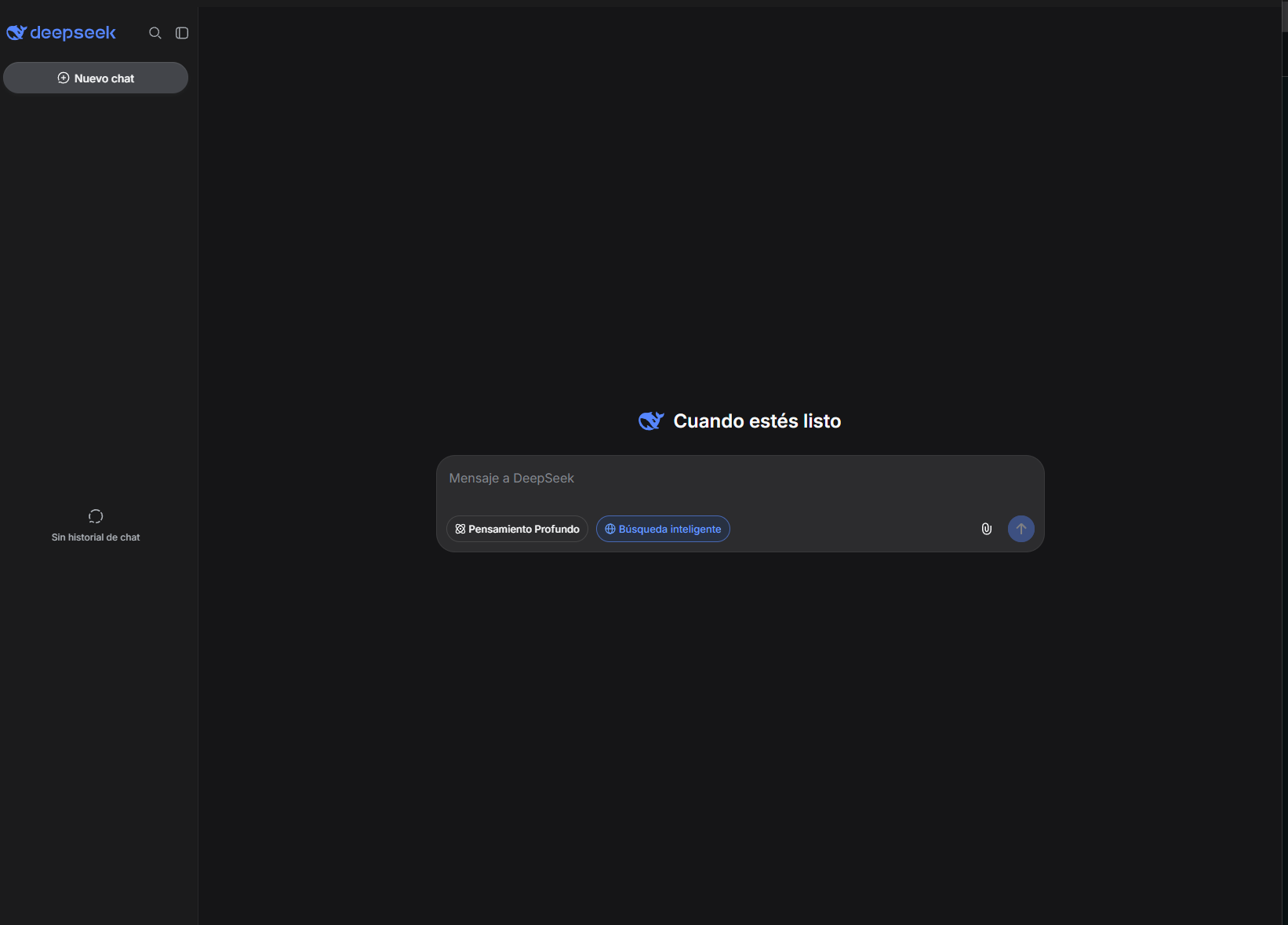 Panel central de DSH con chat.deepseek.com abierto: la cabecera de DeepSeek, el saludo «Cuándo estés listo», el campo Mensaje a DeepSeek y los botones Pensamiento Profundo y Búsqueda inteligente