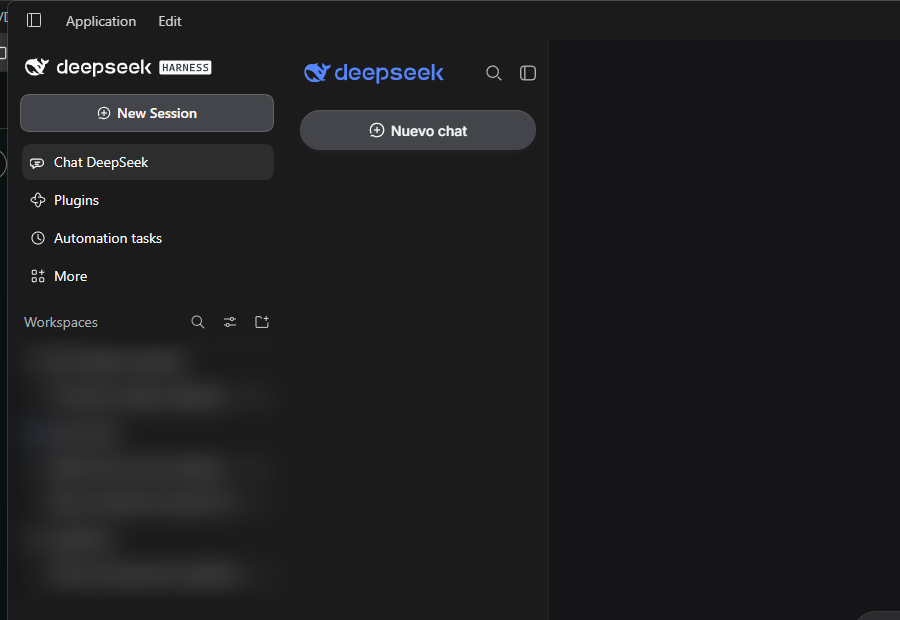 Barra lateral de DeepSeek Harness Desktop con la entrada Chat DeepSeek seleccionada, entre New Session, Plugins y Automation tasks