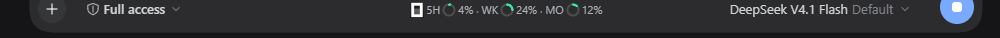 Fila del composer de DSH con el selector Full access a la izquierda, la píldora de uso 5H 4 %, WK 24 % y MO 12 % en el grupo centrado y el modelo DeepSeek V4.1 Flash a la derecha