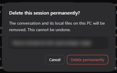 Diálogo Delete this session permanently con el aviso de que la conversación y sus ficheros locales se eliminarán, el nombre de la sesión y los botones Cancel y Delete permanently