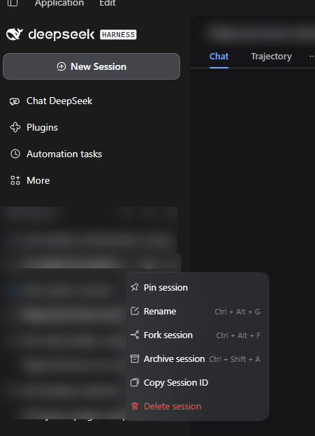 Menú de una sesión en el sidebar de DeepSeek Harness Desktop con las filas Pin session, Rename, Fork session, Archive session, Copy Session ID y, al final en rojo, Delete session
