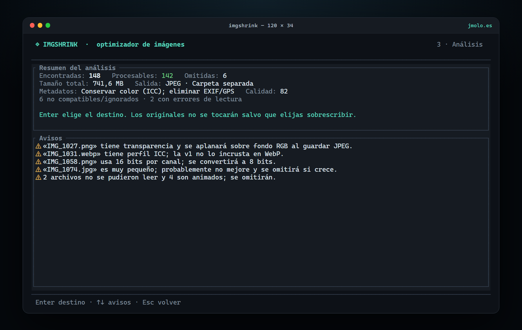 Pantalla de análisis de ImgShrink con 148 imágenes encontradas, 142 procesables, 6 omitidas y avisos sobre transparencia, perfil ICC, 16 bits y archivos animados