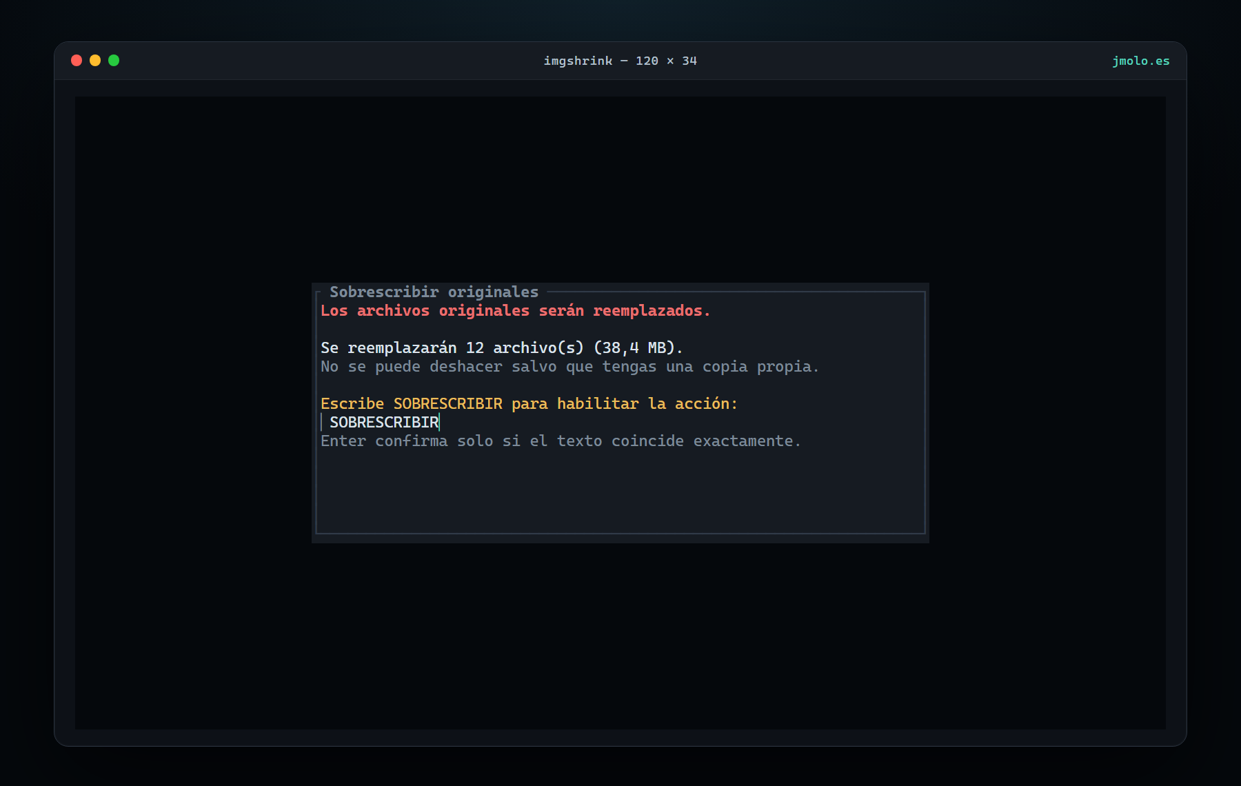 Diálogo de confirmación de sobrescritura de ImgShrink que pide escribir SOBRESCRIBIR para reemplazar 12 archivos y 38,4 MB