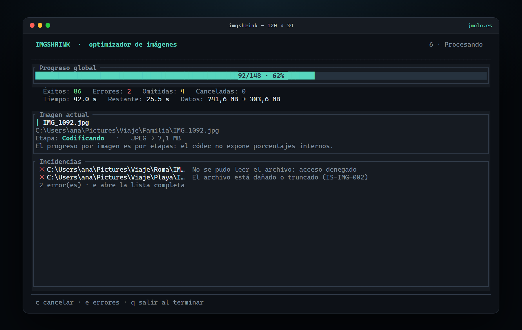 Pantalla de proceso de ImgShrink con la barra global al 62 %, la imagen actual en etapa de codificación y dos incidencias de lectura