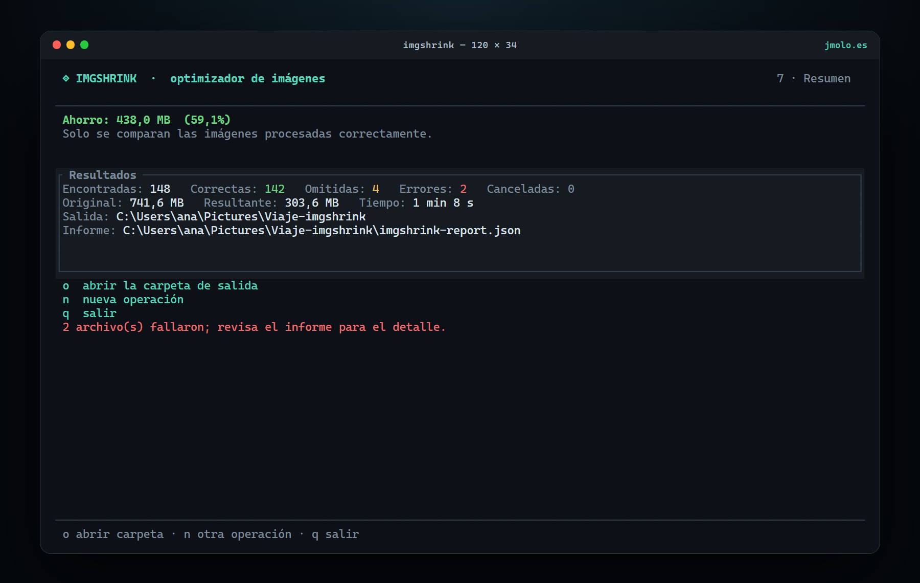 Resumen de ImgShrink con 148 imágenes encontradas, 142 correctas, 438 MB de ahorro y la ruta del informe JSON